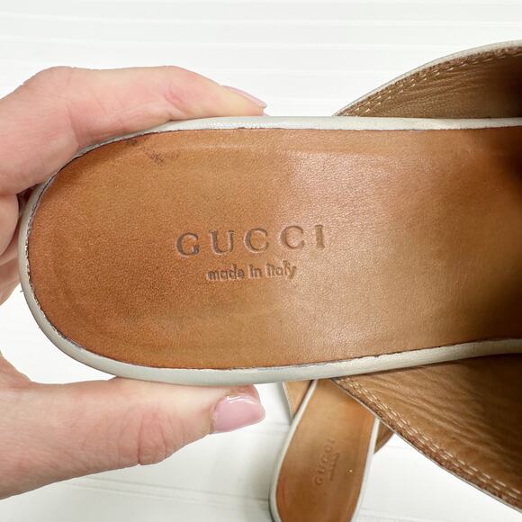 Gucci Princetown Loafer Mules Gray Bone Leather Flats Gold Horsebit Buckle 37.5 - Picture 3 of 8